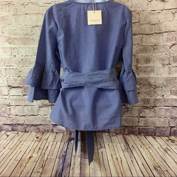 Beach Lunch Lounge Arianna Blue Striped Wrap Bell Sleeve Top - Picture 5 of 9